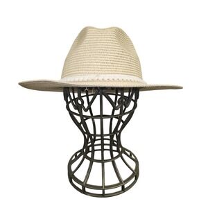 Rachel Zoe Hat Fedora Womens One Size Beige Woven Straw Wide Brim Pom Pom Trim